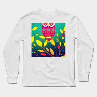 Colorful Owl on Branch Portrait Illustration - Bright Vibrant Colors Bohemian Style Feathers Psychedelic Bird Animal Rainbow Colored Art Long Sleeve T-Shirt